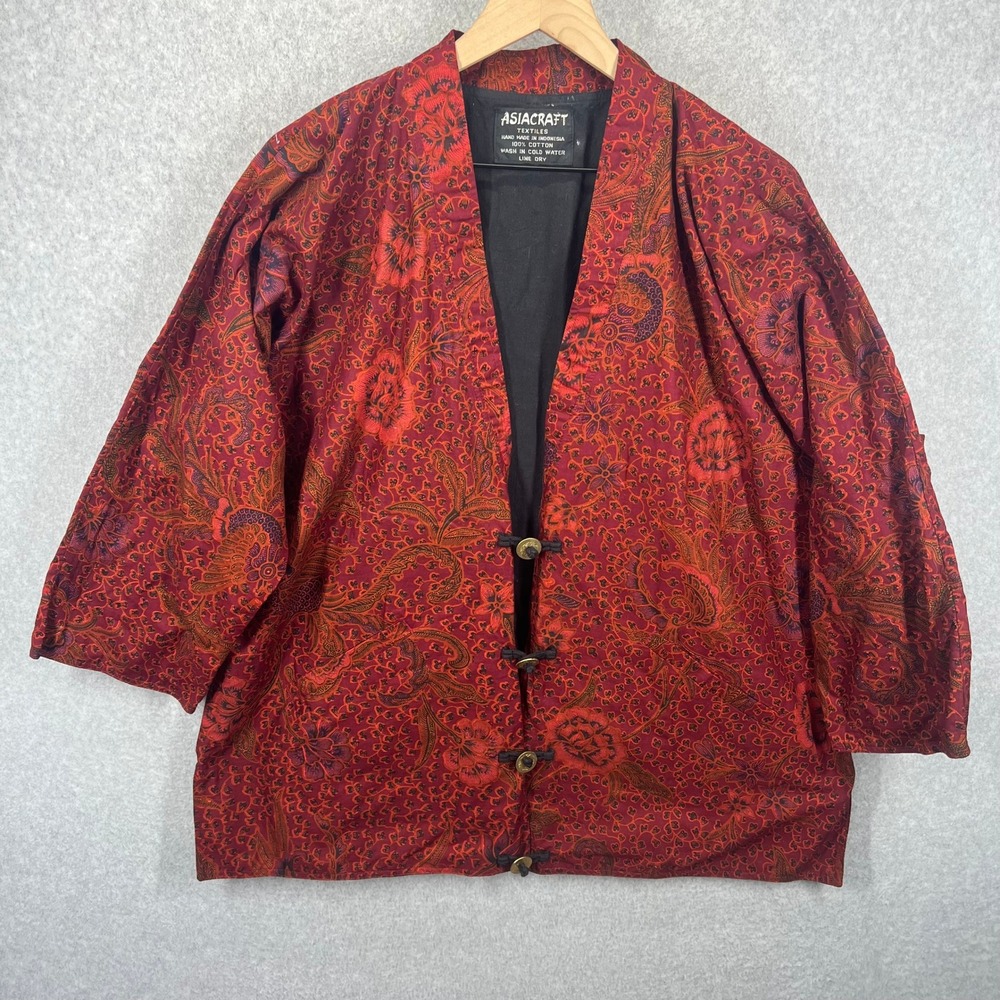 Asiacraft Textiles Kimono Jacket Womens M Red Batik Floral Cotton Frog Closure